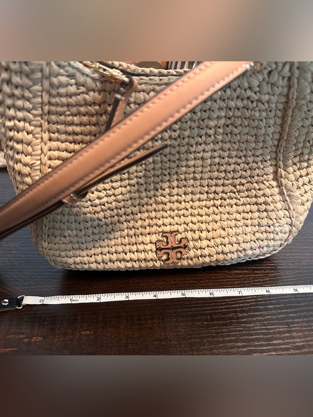 Tory Burch Beige Woven Straw Shoulder Bag with Tan Leather Strap - Picture 11 of 12